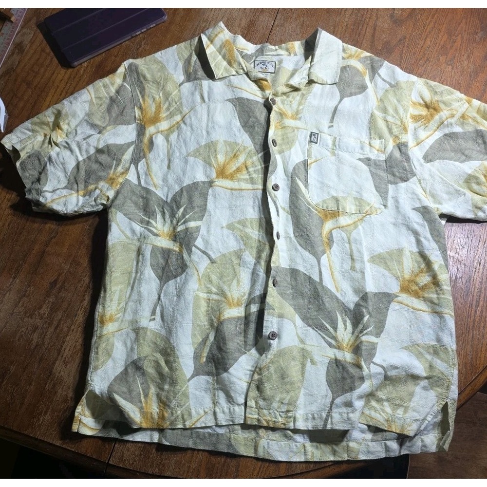 Original Island Sport Shirt Mens XL Green Palm Leaf‎ Hawaiian Aloha Linen Blend